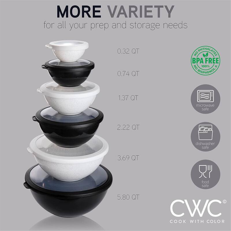 COOK WITH COLOR - 12 Piece Plastic Nesting Bowls - 6 Prep Bowls and 6 Lids, Microwave Safe.