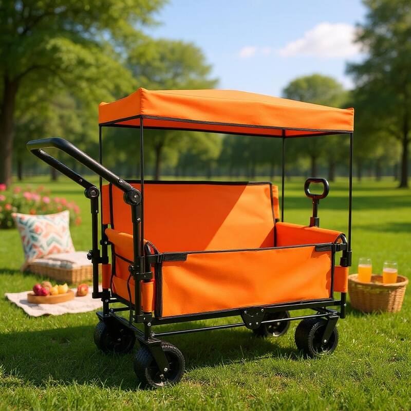 3-in-1 Folding Wagon with Bench Seat & Canopy - 500lb Heavy-Duty All-Terrain Cart, Orange