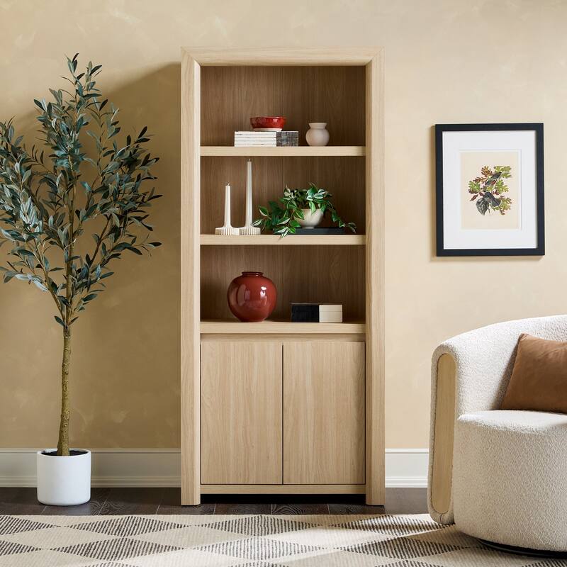 Walker Edison Modern Wood Open Bookshelf with Storage Cabinet - Light Ash