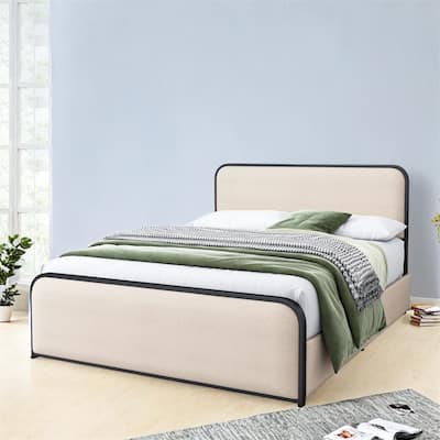 Modern King Size Metal Bed Frame with Curved Upholstered Headboard