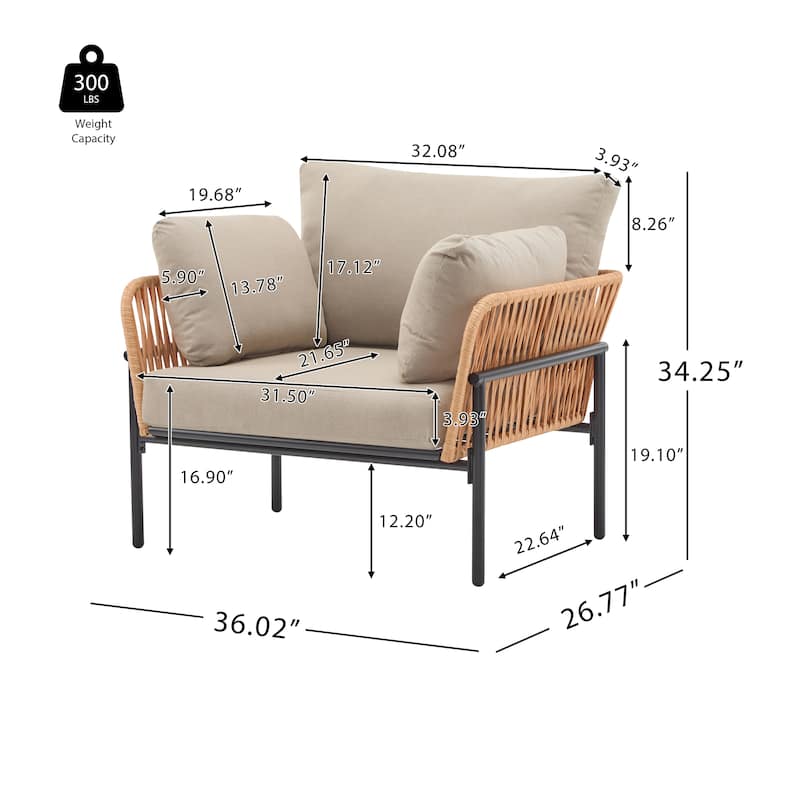 [Set of 2] 36" Beige Iron Lounge Chair with Rope Weave Design and Plush Cushions, Perfect for Indoor and Outdoor Relaxation