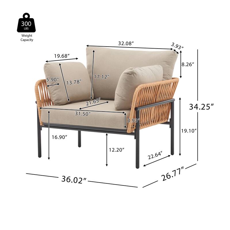 36" Beige and Light Wood-Tone Rope Iron Lounge Chair with Cushions, Perfect for Natural and Modern Spaces