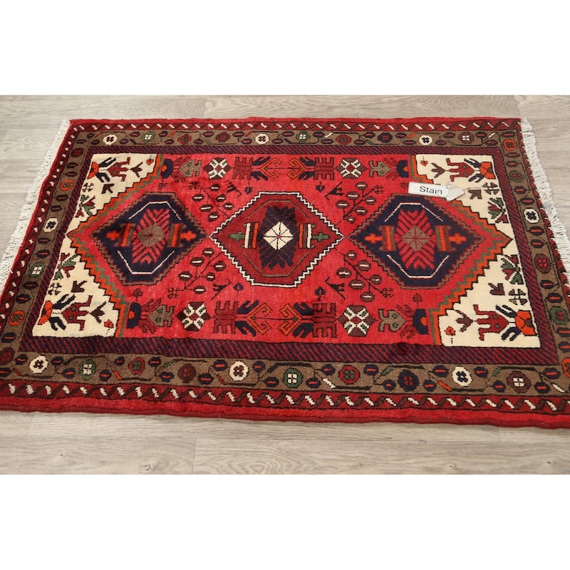 Geometric Persian Hamedan Area Rug Wool Hand-knotted Kitchen Carpet - 3'2" x 4'7"