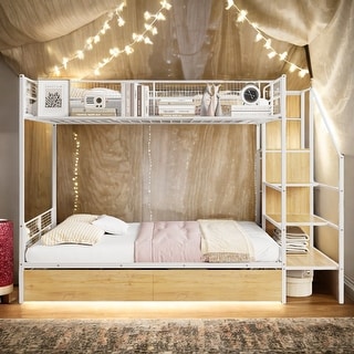 Multiple Features and Sturdy Design Twin Over Full Metal Bunk Bed with Drawer and Lateral Storage Ladder and Wardrobe,White