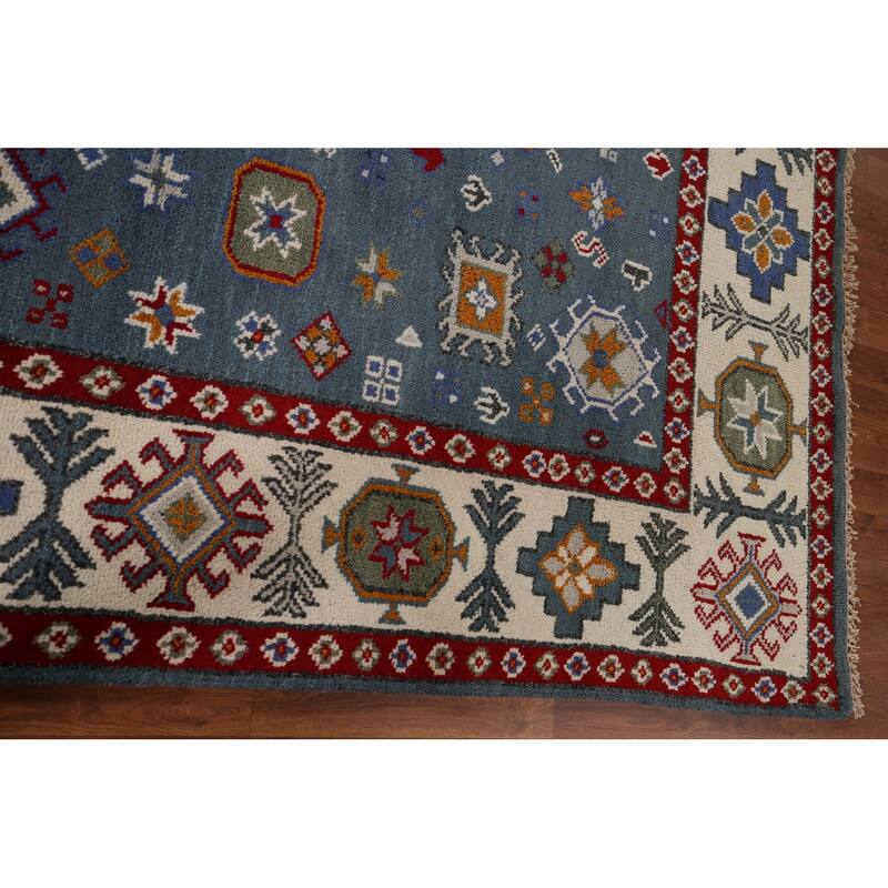 Geometric Blue Kazak Oriental Area Rug Hand-Knotted Wool Carpet - 7'11" x 9'9"
