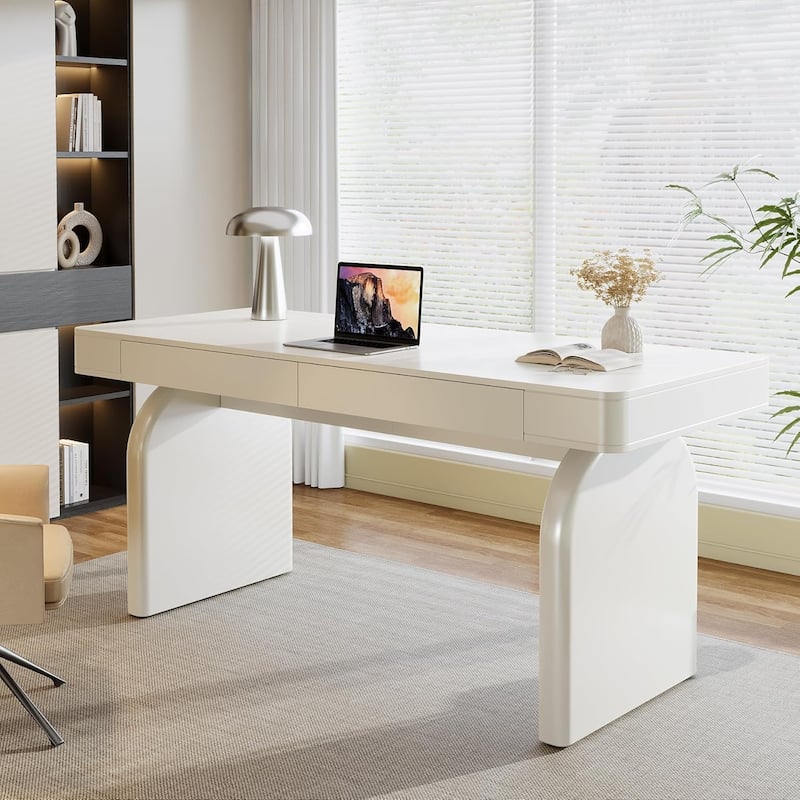 63-Inch White Desk with Drawers, Modern Elegant Glossy Executive Office Desk
