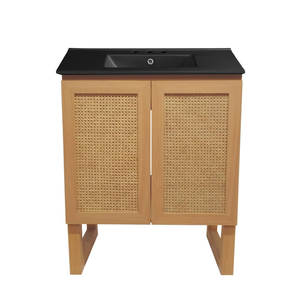 Arles 30 In. Natural Oak Bathroom Vanity With Black, 3-Hole Ceramic Sink Top