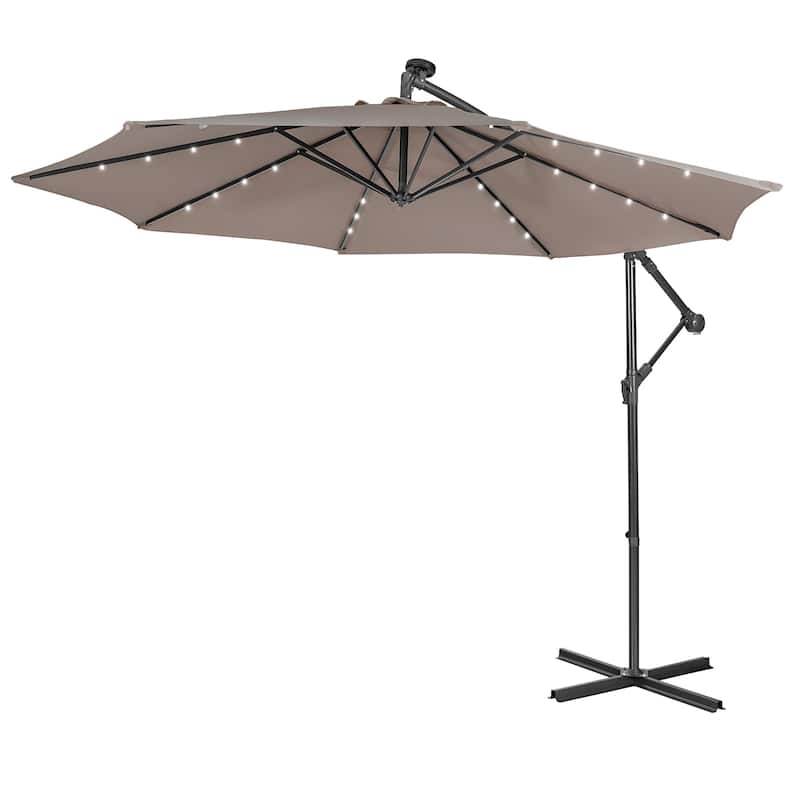 10 FT Patio Umbrella Powered Offset Umbrella with 32 LED Lights - Coffee