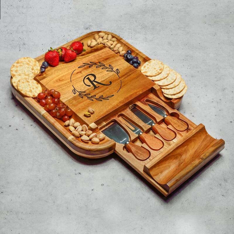 Picnic at Ascot Personalized Large Acacia Charcuterie Board with Cheese Knife Set - R