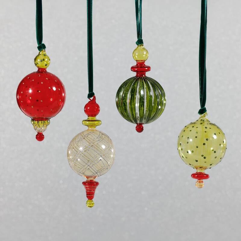Festive Glass Holiday Hanging Ornaments, Set of 4 Assorted