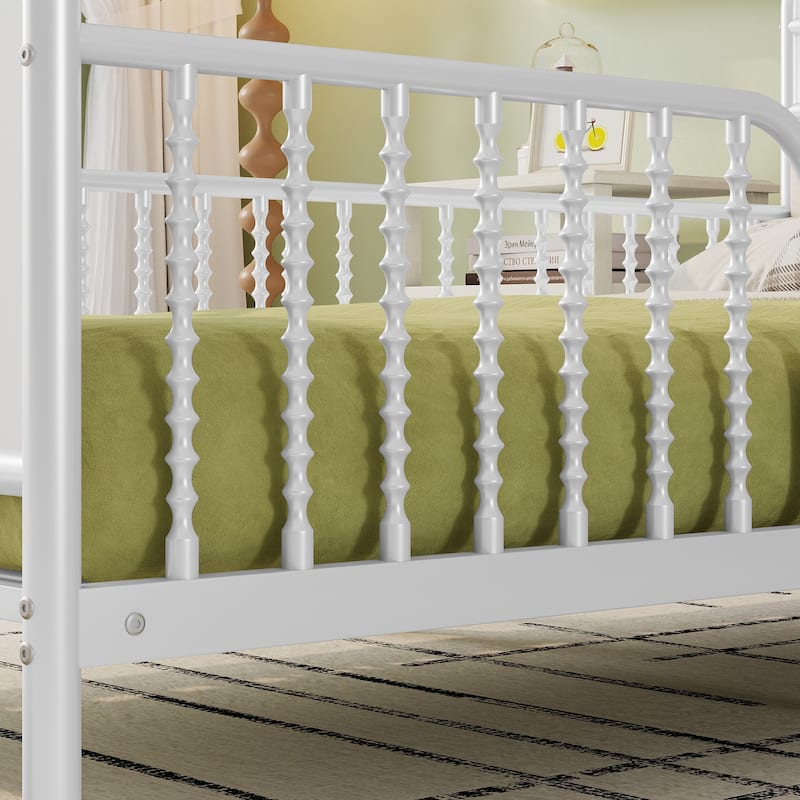 Kids Platform Bed Metal Frame with Linen Fabric Upholstered Storage Headboard Built-in Light Strip, Both Sides Rails