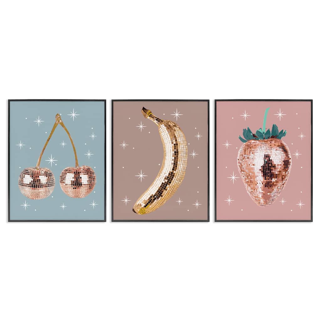 Stupell Glam Disco Fruits Framed Giclee Art Design By Lil' Rue (Set of 3)