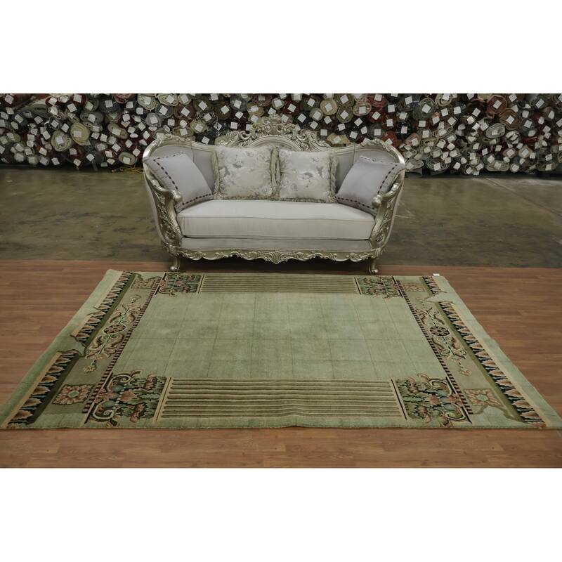 Hand Knotted Oriental 100% Wool Carpet Modern Geometric Green Nepalese Area Rug - 9' 0'' X 6' 0''