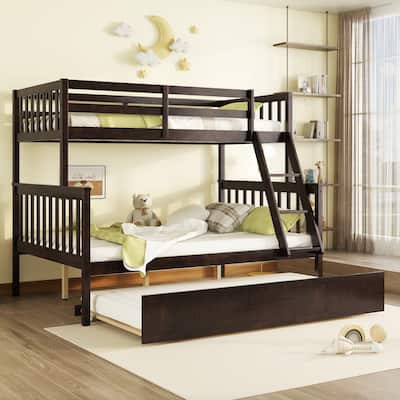 Full Over Full Bunk Bed Wood Twin Over Full Bunk Bed with Trundle, Convertible Ladder and Guardrail