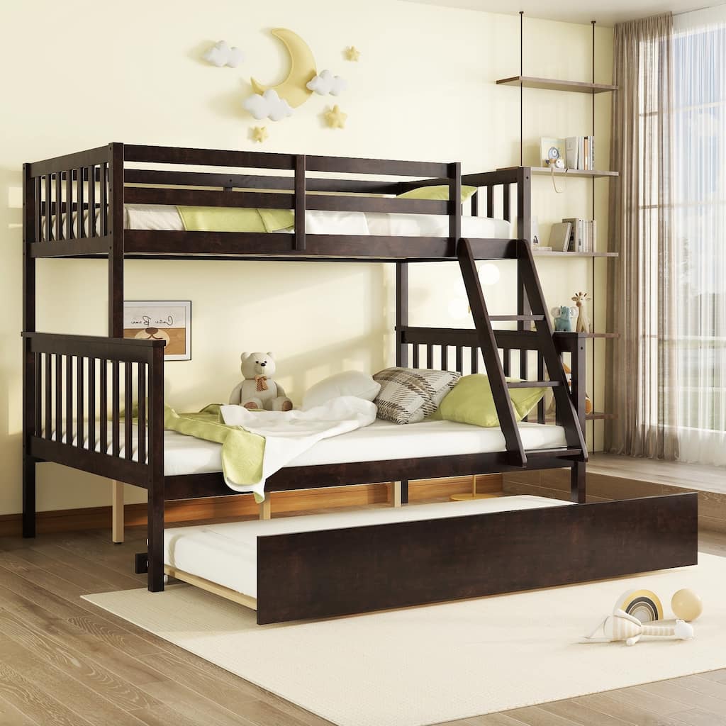 Full Over Full Bunk Bed Wood Twin Over Full Bunk Bed with Trundle, Convertible Ladder and Guardrail