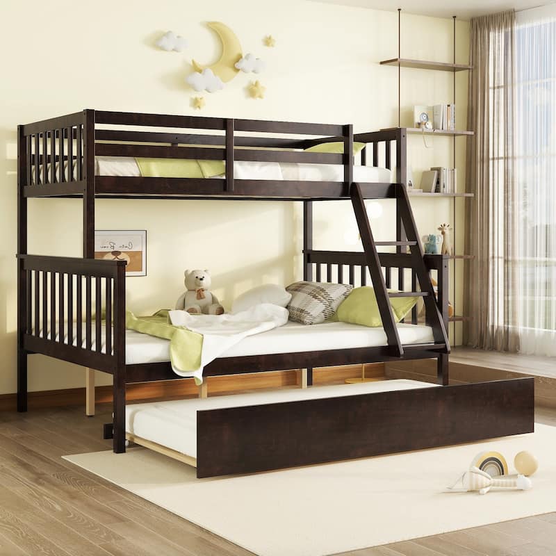 Twin Over Full Rubber Wood Bunk Bed with Trundle, Ladder and Guardrail, Detachable, Convertible Bed, with Twin Size Trundle