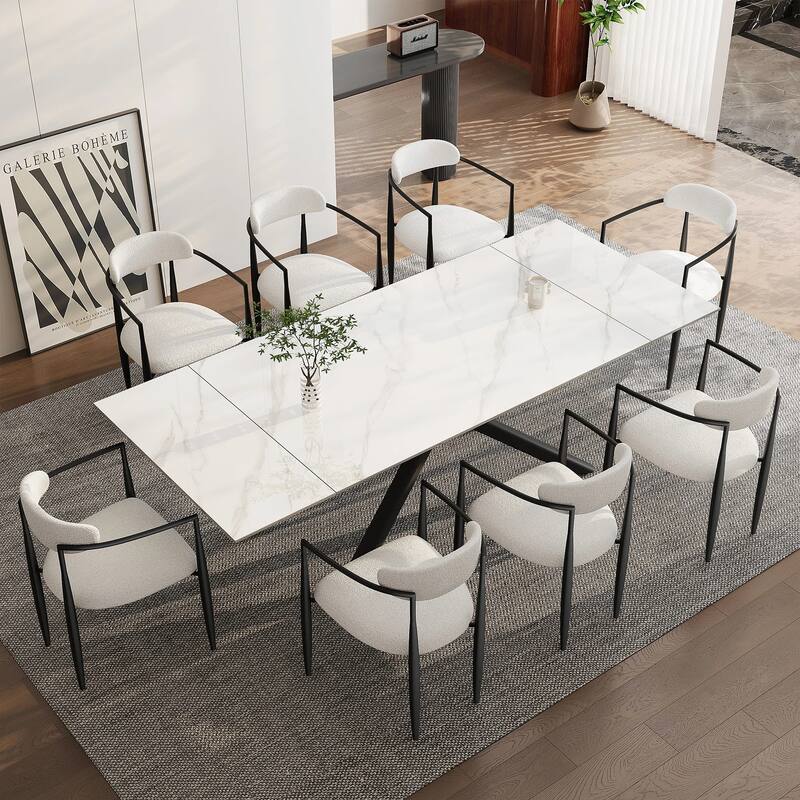 9 - Piece Extendable Sintered Stone Top Cross Legs Dining Set With 8 Fabric Chair - White&Black chair
