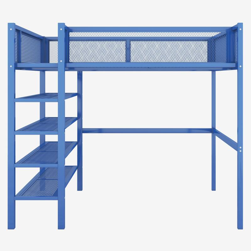 Twin/Full Metal Loft Bed with Built-in Desk, Shelves, and Storage, Modern Design
