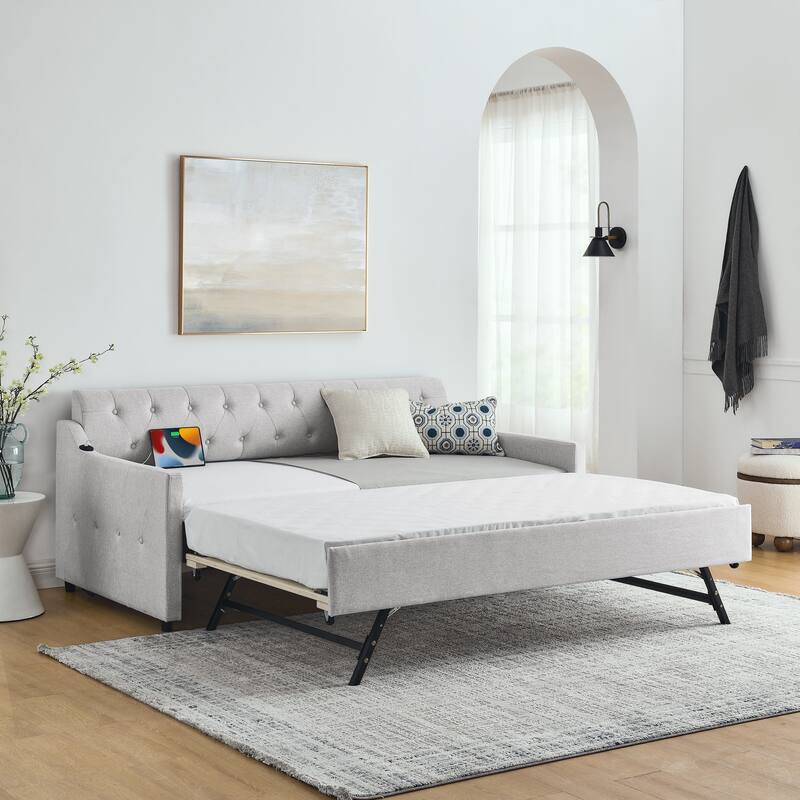 Upholstery Daybed with Erectable Trundle and USB Charging