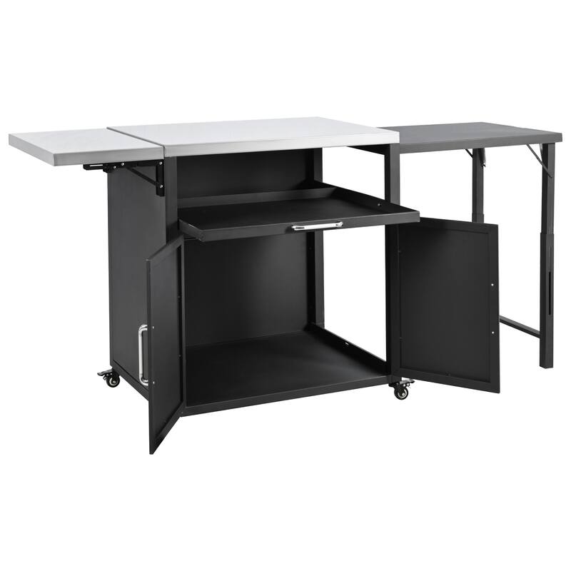 Outdoor Kitchen Cabinet with Foldable Steel Worktop, Wheels & Drawer