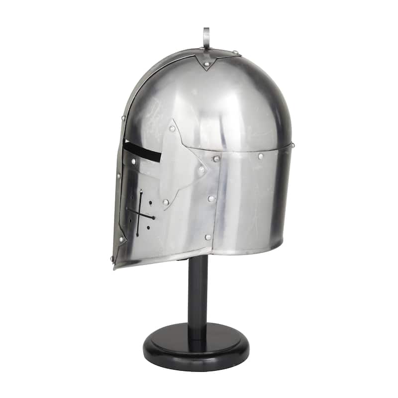 Metal Replica Medieval Knight Crusader Helmet with Black Wood Stand - Silver - Roche River Decor