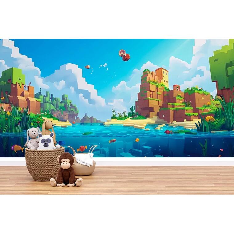 Blocks Ocean Wall Mural for Kids Pixel Art Adventure Room Decor ...