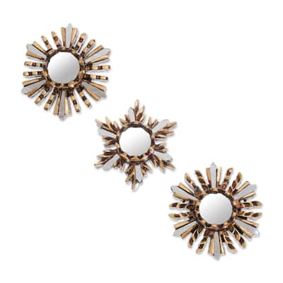 Handmade Golden Snowflakes Bronze Wall Mirrors (Set Of 3) Peru - 3.9" H x 3.9" W x 1" D