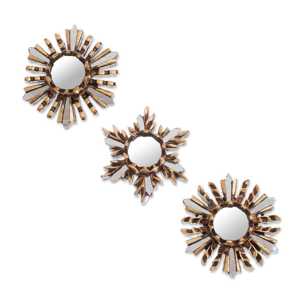 Handmade Golden Snowflakes Bronze Wall Mirrors (Set Of 3) Peru - 3.9" H x 3.9" W x 1" D
