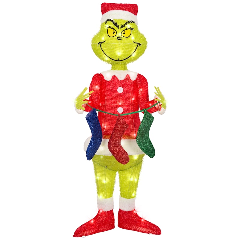 3D Holiday Lighted Tinsel Sculpture-The Grinch w/Stockings-4ft-Dr. Seuss