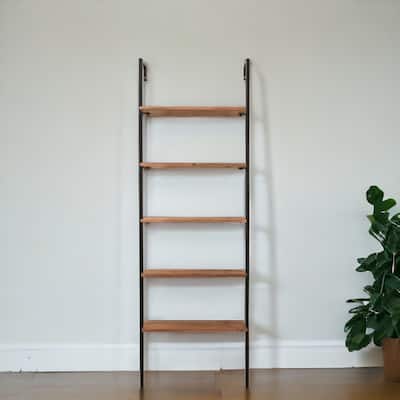 HomeRoots 72" Brown Metal and Solid Wood Five Tier Ladder Bookcase