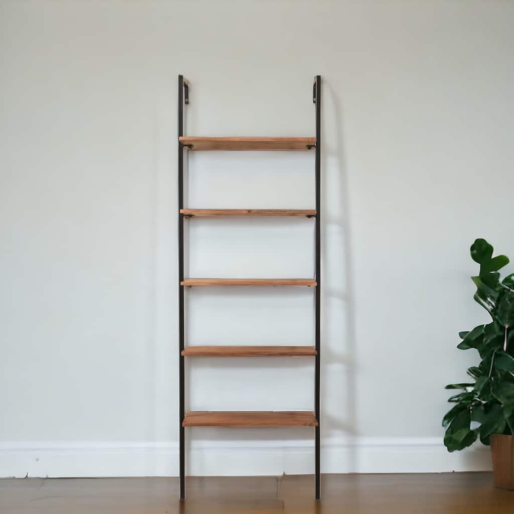 HomeRoots 72" Brown Metal and Solid Wood Five Tier Ladder Bookcase