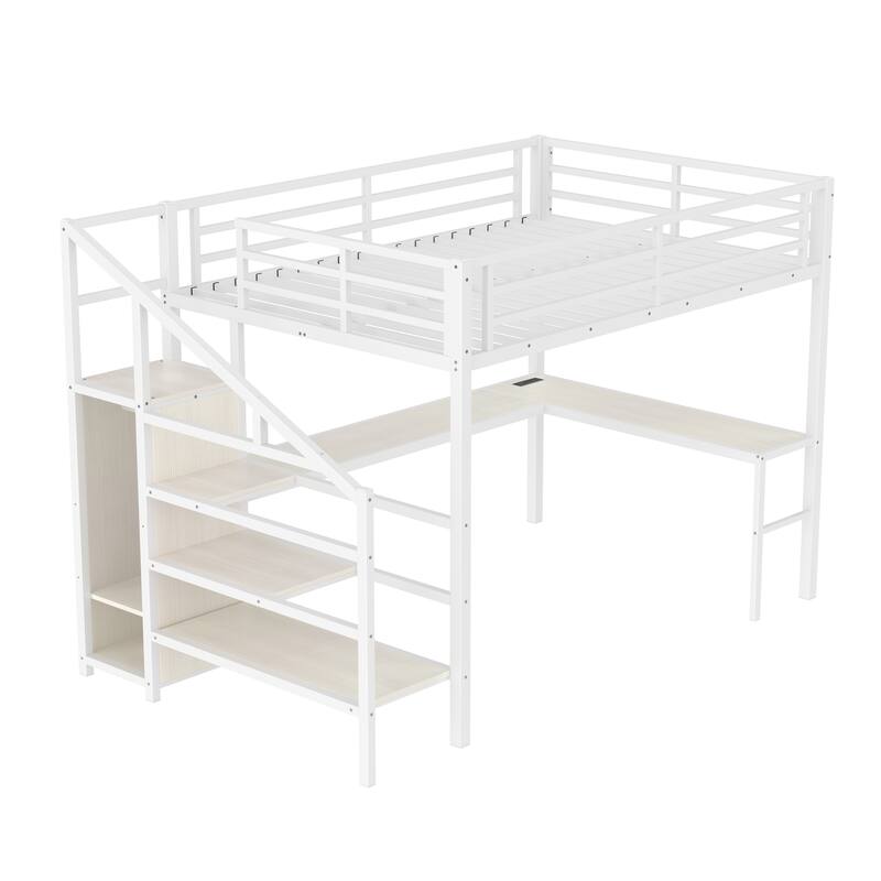 Metal Loft Bed with Stairs Built-in Storage Shelves and Wardrobe, High Loft Bed Frame with L-shaped Desk, USB and LED
