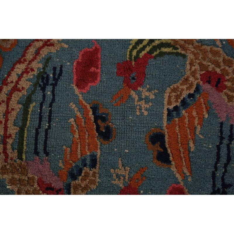 Vegetable Dye Blue Art Deco Chinese Vintage Handmade Wool Carpet - 6'5" x 9'7"