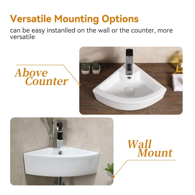 HOROW 12.6 in. Corner Wall-Hung Bathroom Sink in White with Overflow