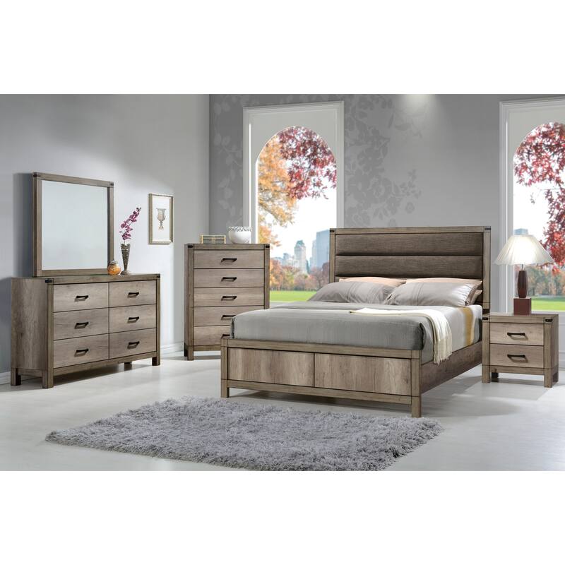Contemporary Full Upholstered Low Profile Bed with Weathered Gray Finish