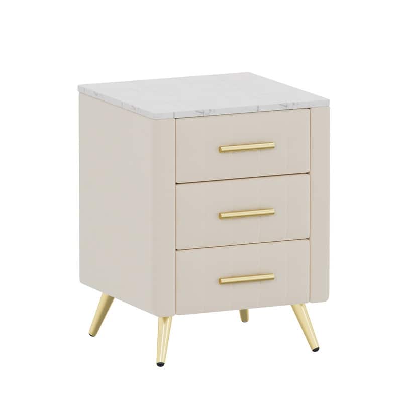 Upholstered Wooden Nightstand with 3 Drawers and Metal Legs&Handles, Bedside Table with Marbling Stickers Worktop