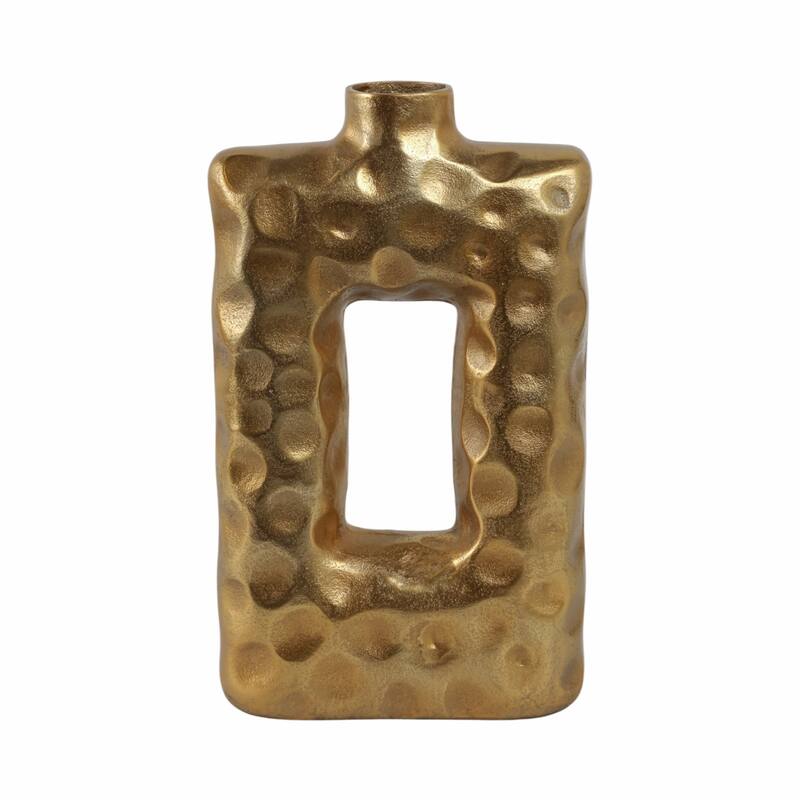 Metal Vase Hammered Texture with Rectangular Cutout Sculptural Design