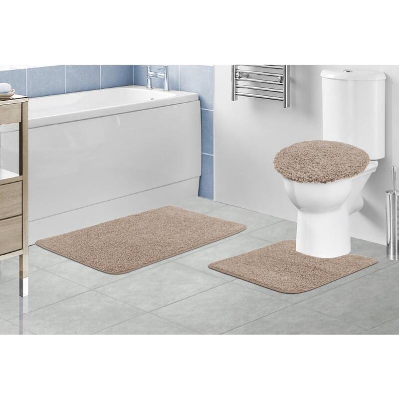 Layla 3 PC Shaggy Bathroom Rug Set, Bath Mat, Contour Rug, Lid Cover, Solid Colors