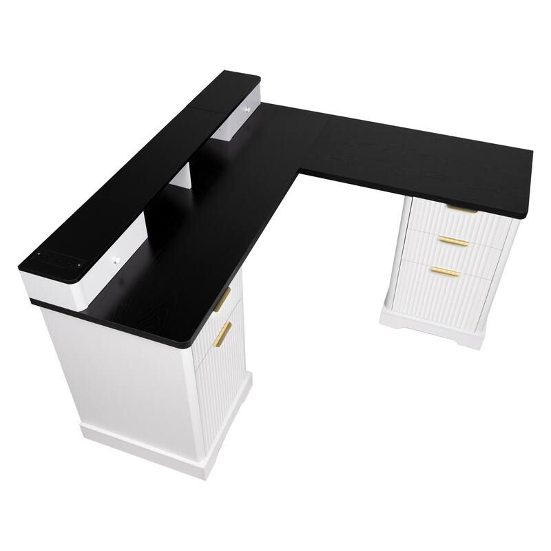 Roomfitters 59" Modern Fluted L-Shaped Desk with Charging Station, Monitor Stand & File Drawer