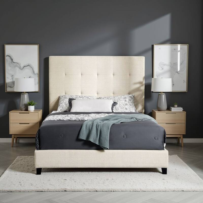Beige Tufted Upholstered Queen Platform Bed with Headboard - Beige