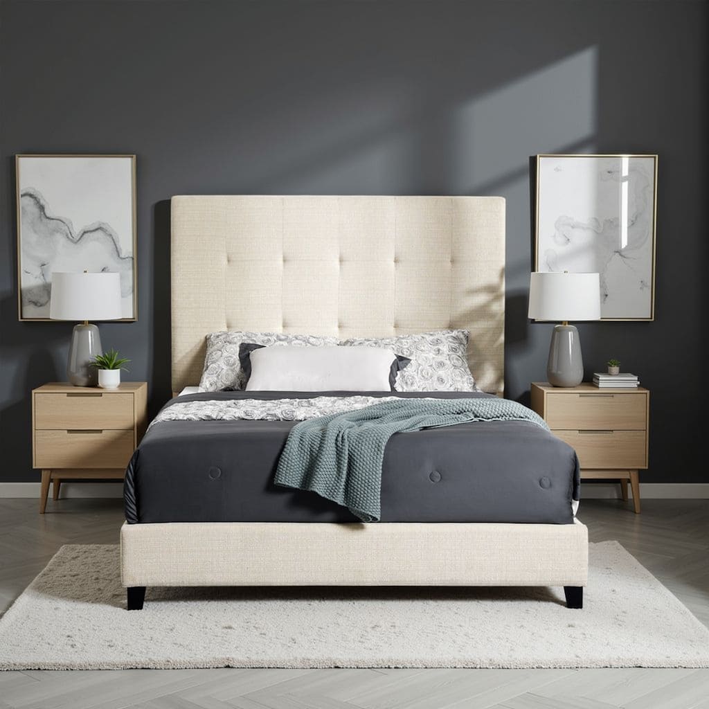 Beige Tufted Upholstered Queen Platform Bed with Headboard