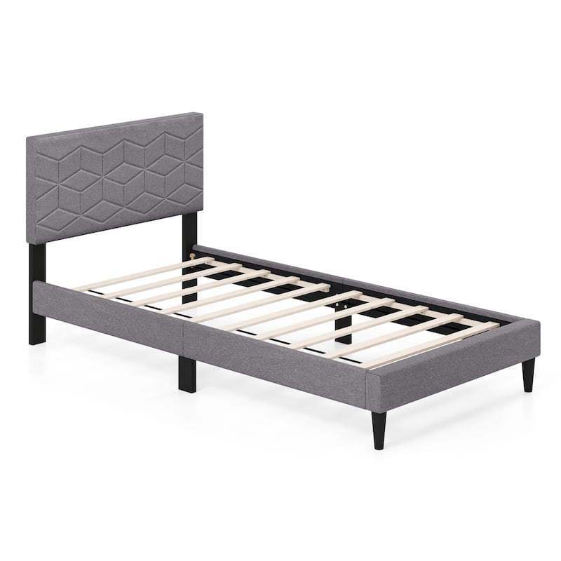 Gray Twin Size Upholstered Platform Bed Frame with Linen Headboard and Low Profile Modern Design