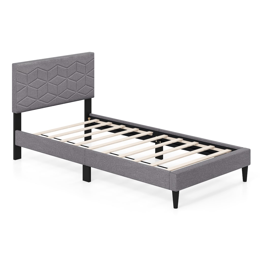 Gray Twin Size Upholstered Platform Bed Frame with Linen Headboard and Low Profile Modern Design