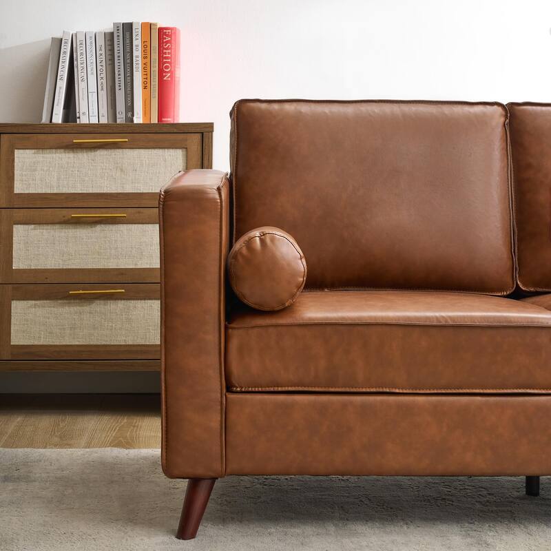 81" Leather Sofa, Mid Century Modern Deep Seat Couch, Upholstered Cushion&Removable Cover, Brown PU Couch