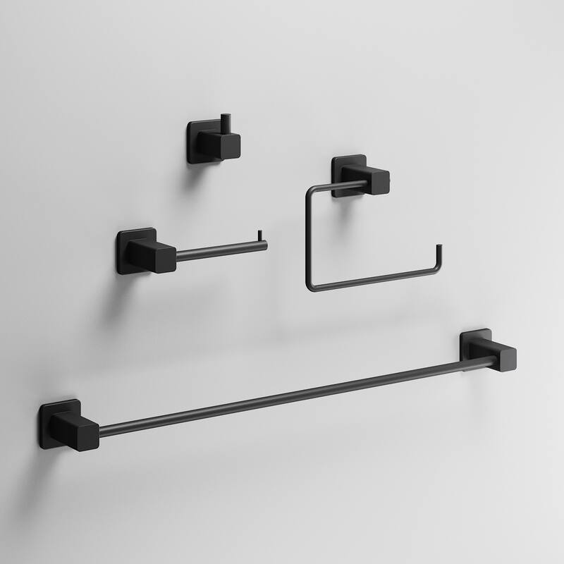 VIGO Meridian 4-Piece Bathroom Hardware Accessory Set with 24 in. Towel Bar, Toilet Paper Holder, Hand Towel Holder, Hook - Matte Black