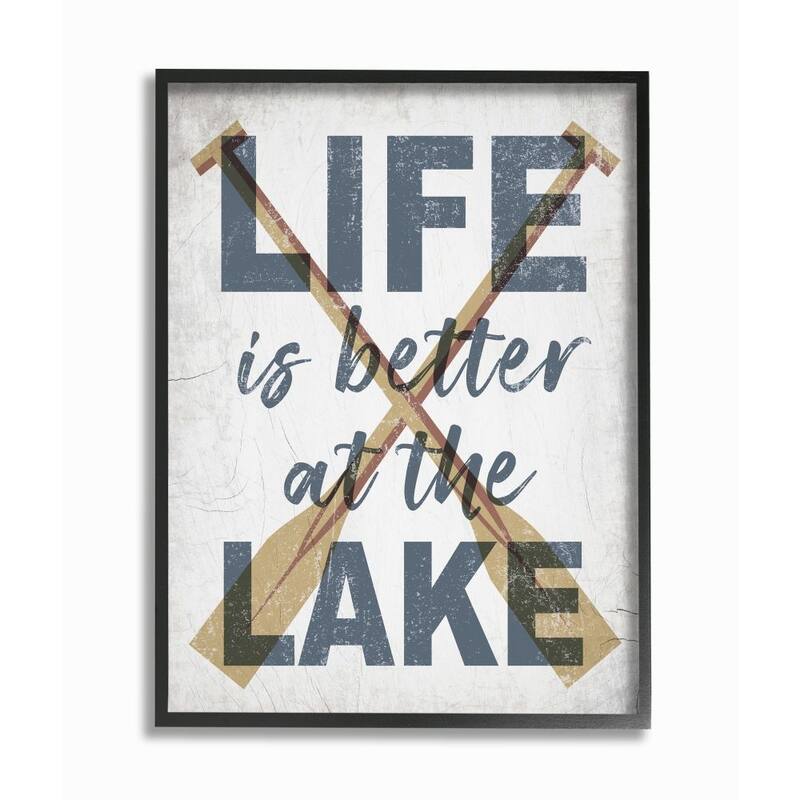 Stupell Life is Better at the Lake Quote Rustic Distressed Text Framed Wall Art - White - 16 x 20 - Black