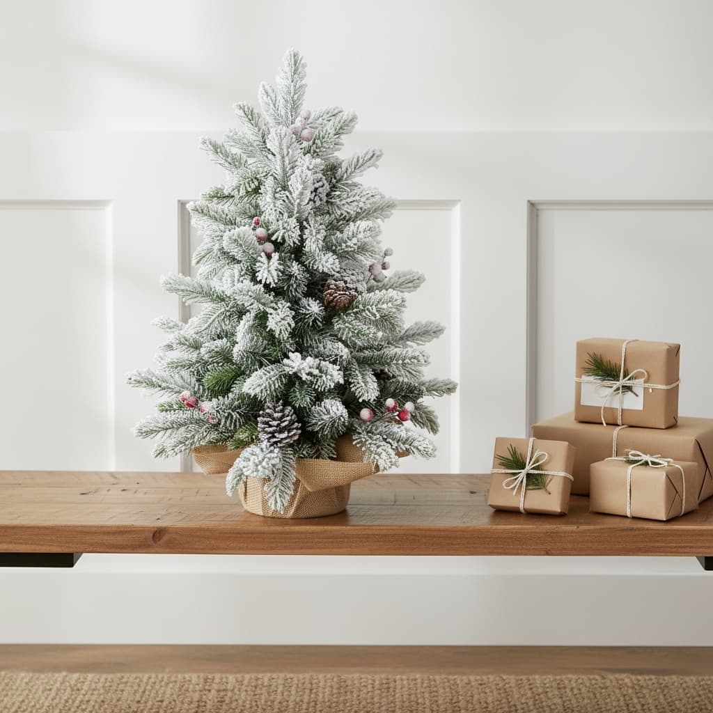 HomeRoots 3' Flocked Fir Christmas Tree With Burlap Base And Decorations - White - 25.00 in. x 36.00 in. x 25.00 in.