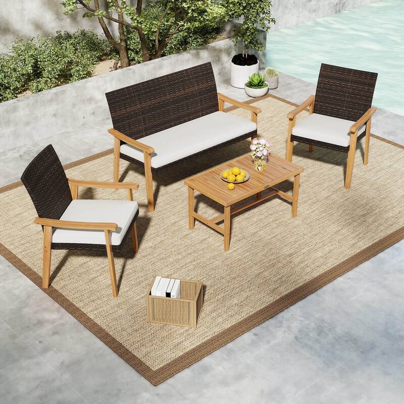 Costway 8 PCS Patio Furniture Set with Acacia Wood Coffee Table & Soft - See Details