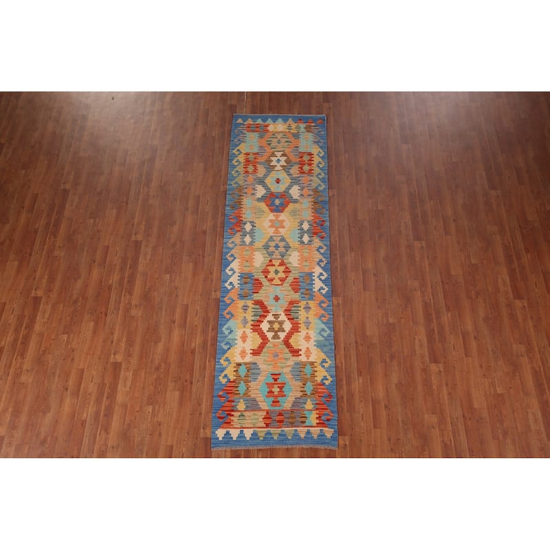 Geometric Kilim Reversible Runner Rug Flatweave Wool Carpet - 2'8"x 9'6"
