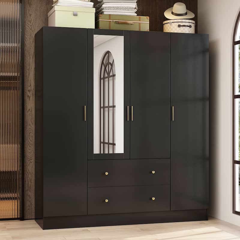 Wardrobe Armoire Wooden Closet with Mirror Storage Cubes Hanging Rod